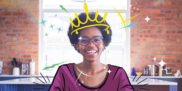 Smiling young person with a graphic crown and sparkles