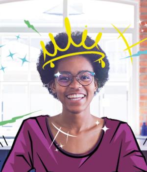 Smiling young person with a graphic crown and sparkles